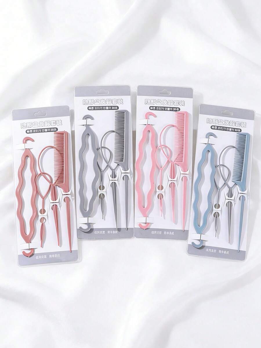 4件套美发饰品及造型工具套装，包括发夹、拉直器、直发器、梳子和造型工具 - 彩色 - 查看 1