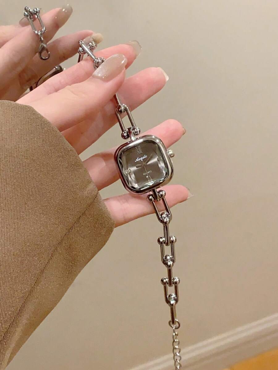 1pc Women's Quartz Watch With Gold/Silver Chain Bracelet, Elegant & Fashionable, Suitable For Daily Wear, Birthday/Graduation Gift, Casual Gathering - Silver - View 1
