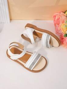 1 Pair Of Girls' Rhinestone Woven PU Sandals With Exposed Toes, Flat Bottom, Comfortable, Non Slip, Daily Leisure, Summer Party Shoes - Silver - View 6