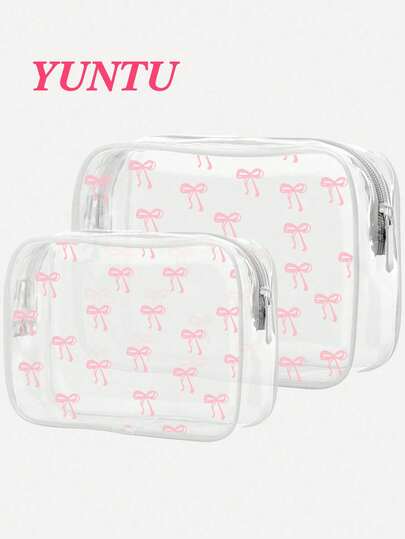 Nueva bolsa de maquillaje con lazo transparente rosa, organizador de viaje - Bolsa de tocador transparente de PVC, esencial de viaje, bolsa de tocador de viaje con cremallera portátil, estilo universitario, bolsa de cosméticos de PVC de gran capacidad, bolsa de tocador de viaje con cadena, adecuada para regalos de fiesta de cumpleaños de mujeres, regalos de novia, niñas, damas, enfermeras