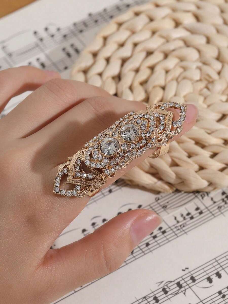 1pc Vintage Hollow Rhinestone Ring, Personalized & Bold, Fashionable & Versatile, Fully Studded With Diamonds, Shiny & Adjustable, Suitable For Girls To Wear. - Gold - View 1