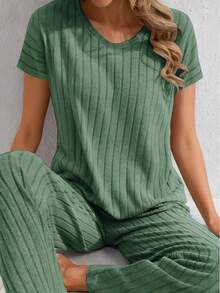 两件套休闲竖条纹V领短袖家居服套装 - 綠色 - 查看 5
