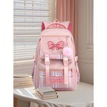 Pink Bow Cartoon Print Backpack, Lightweight Nylon Material, Spacious College Style Design, Polyester Lining, Zipper Closure, Washable, Suitable For Daily Commute And School, Back To School Essential, Stationery Supplies, Backpack, Perfect Valentine's Day Gift - Multicolor - View 12