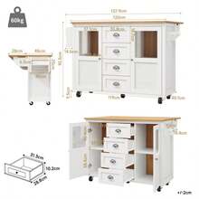 Kitchen Island, Kitchen Cabinet, Sideboard, 120x73(45)X93cm, Extendable Kitchen Trolley With Wheels, Towel Rail, Spice Rack, Adjustable Shelves, Two Doors, Four Drawers, White/Black - White - View 11