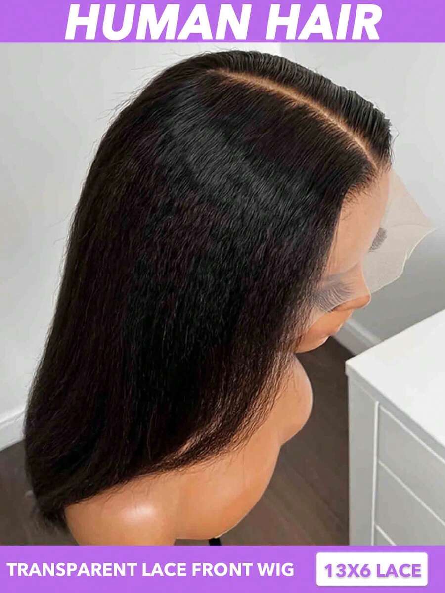 13x6 Lace Front Kinky Straight Wig Transparent Yaki Straight Frontal Closure Human Hair Wigs For Women 180% Density Wig Pre Plucked With Baby Hair Extra Big Parting Space Create The Hair Style You Like Natural Black (8-30 Inch) - Natural Black - 查看 1