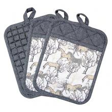 Pot Holders Set Of 3 Silicone Printing Non Slip Heat Resistant, Yarm-Dyed Hot Pads Cotton Home Kitchen CooFKing Barbecue Microwave Women Men Machine Washable BBQ Grilling. (Gray Potholders),Gray5 - 灰5 - 查看 1