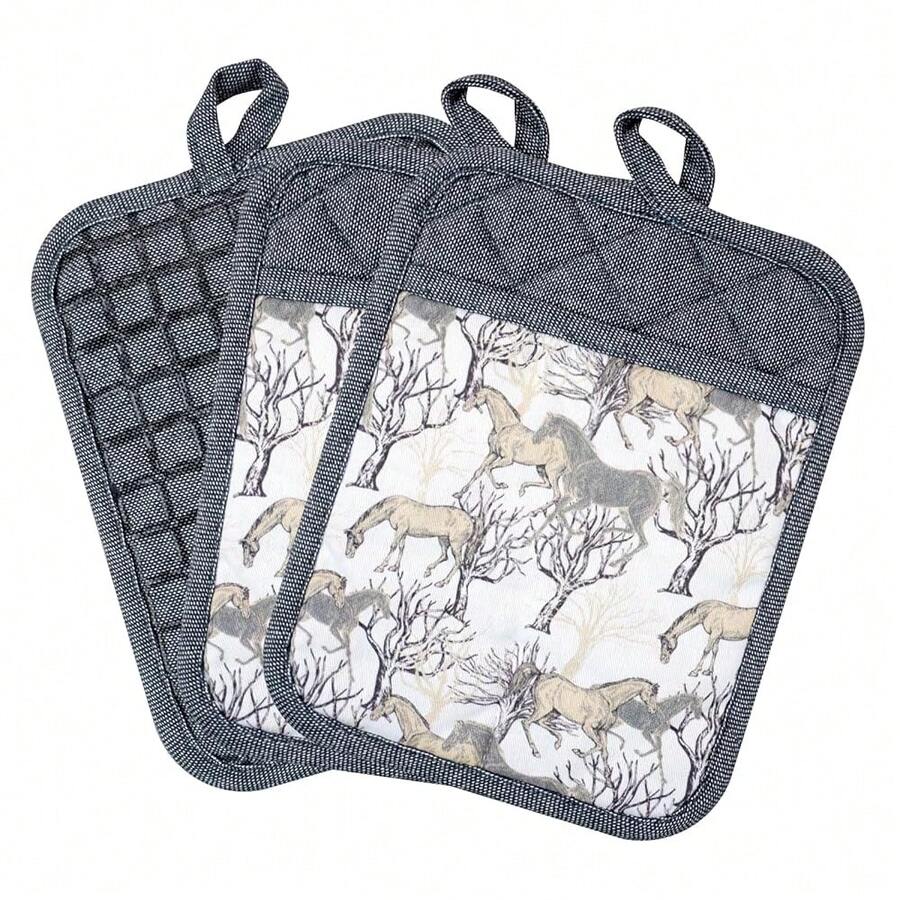Pot Holders Set Of 3 Silicone Printing Non Slip Heat Resistant, Yarm-Dyed Hot Pads Cotton Home Kitchen CooFKing Barbecue Microwave Women Men Machine Washable BBQ Grilling. (Gray Potholders),Gray5 - 灰5 - 查看 1