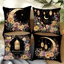4pcs Vintage Floral Lantern Moon Ramadan Kareem Cushion Cover Set, Single-Sided Printed Peach Velvet Polyester Material, 45*45CM Pillow Case For Modern Fabric Sofa Indoor Decor, Party Decoration, Gift - Multicolor - View 9