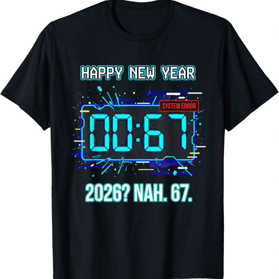 Happy New Year 2026 Humor Clock 6 7 System Error Funny NYE T-Shirt - Black - View 1