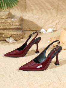 Women's Fashion Minimalist Pointed Toe Backless High Heel Sandals, Comfortable Non-Slip Breathable With Metal Buckle Strap - Burgundy - View 5