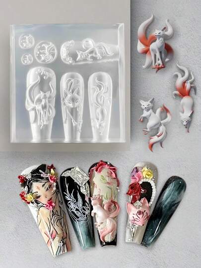 Beautizon Nailartlab 1pc Silicone Nail Mold, Nine-Tailed Fox Pattern, 3D Stereo Relief Nail Mold, DIY Y2K Style 3D Transparent Nail Mold Printing Template Accessories, Suitable For Nail Salon Supplies