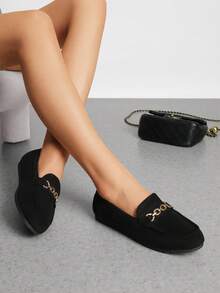 Women Suede Loafers Flats Slip On Lightweight Arch Support Work Shoes With Chic Metal Detail Comfortable Walking Casual Versatile Loafers - 黑色 - 查看 3