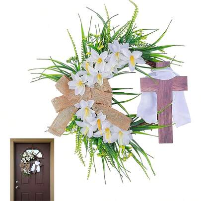 Easter Wreath Rustic Artificial White Flower Grapevine Wreath With Cross Sign For Front Door Decoration