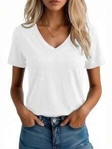 3件装V领短袖纯色休闲T恤，适合春夏日常居家穿着，可机洗 - 白色+黑色+淺灰色 - 查看 4