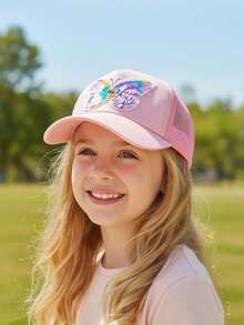 1pc Kids Girls Round Top Baseball Cap, Mermaid & Sequin Decor, Fashionable Minimalist Snapback, Spring/Autumn - Pink - View 13