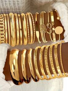 25/7 st. moderiktiga, minimalistiska, eleganta, utsökta smyckeset i vintagedesign, inklusive geometrisk spännkedja, flätade, hjärtpräglade, tvinnade, runda skivor, pärlbesatta, slät enkla, överdimensionerade manschettarmband, lämpliga för högtider, fester, dejter, presenter, vardagskläder - Gyllene - Visa 8