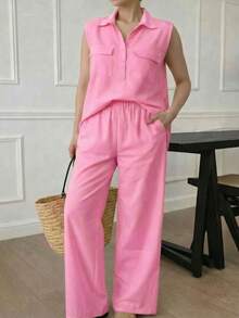A&DD MODA, REF: AS1923 - Women's Set Consisting Of A Sleeveless Blouse And Pants. The Blouse Has A High V-Neck And Pockets; The Pants Have A Straight Cut, Elastic Waistband And Pockets, Ideal For Everyday Wear, With A Very Casual Style. - 粉色 - 查看 1