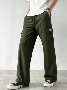 复古宽松直筒休闲裤，黑色多口袋工装裤，轻便舒适，适合春秋季穿着，日常、户外、运动、健身、慢跑、徒步旅行皆宜。 - 綠色 - 查看 3