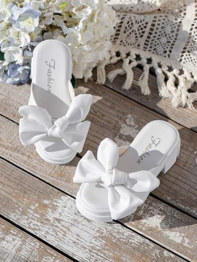 1 Pair White Children's Fashion Platform Sandals, Soft & Comfortable, Solid Color Fabric With Bow Decor, Simple Slip-On Open Toe, 4cm Chunky Heel, Elegant & Cute, Suitable For Girls Aged 5-15 For Daily, Holiday, Travel, Outdoor Wear, New Collection 2026