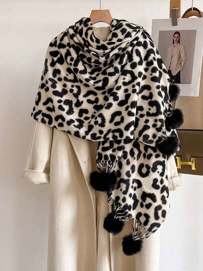 1pc Vintage Leopard Print Jacquard Faux Cashmere Scarf, Women Fashion Versatile Warm Shawl For Daily Wear