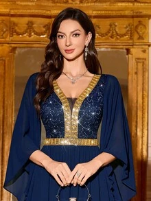 MIUSOL Deep V-Neck Floral Lace Contrast Sequin Ruffle Sleeve Pleated Hem Chiffon Formal Party Maxi Dress, Elegant Ladies Party Gown, Formal Evening Dress, Ball Gown, Suitable For Wedding Guest, Graduation Ceremony, Gala Dinner And Other Occasions - Navy Blue - View 10