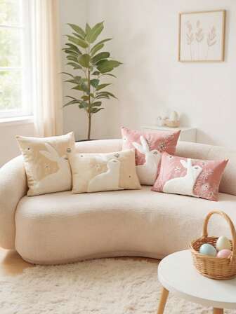 1pc 3D Embroidered Easter Bunny Decorative Throw Pillow Cover, Home Decor Suitable For Living Room, Bedroom, Party, Sofa And Various Environments