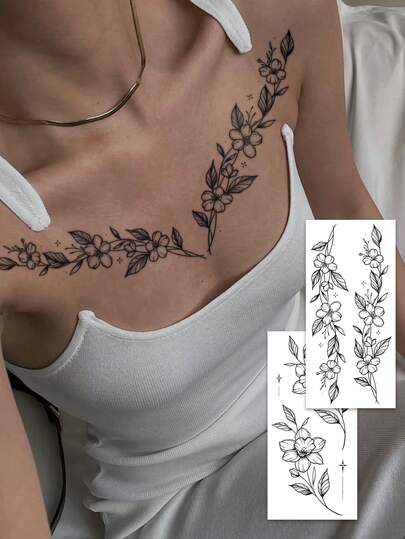 2 Sheets Big-Sized Body Art Temporary Tattoo Sticker For Women, Fashion Sketch Peach Blossoms, Flowers, Butterflies And Leaves Patterns. Waterproof Fake Tattoo, Lasting 2-5 Days, Can Be Used On Arms, Neck, Shoulders, Chest, Waist, Legs, And Back. Easy To Apply And Remove, Suitable For Weddings, Holidays, Parties, Gifts, Vacations, And Music Festivals.