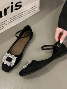 2026 New Spring Rhinestone Decor Square Toe Flat Mary Jane Shoes For Women, Office Wear - Black - View 6