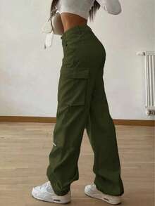 Military Green Elastic Waist Pocket Stylish And Retro Y2K Casual Cute Wide-Leg Work Pants. Comfortable And Versatile, Suitable For Airport Outfits, Back-To-School Season, Teacher's Day, Clubs, Birthday Parties, Halloween, New Year, Thanksgiving, Concerts, Gyms, Vacations, Business, Streetwear, Spring, Summer And Autumn, Winter