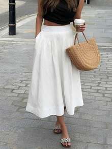 Chân váy nữ màu trơn, thời trang, đa năng, màu trắng, thích hợp cho hẹn hò/dã ngoại, mùa xuân. - trắng - Xem 2