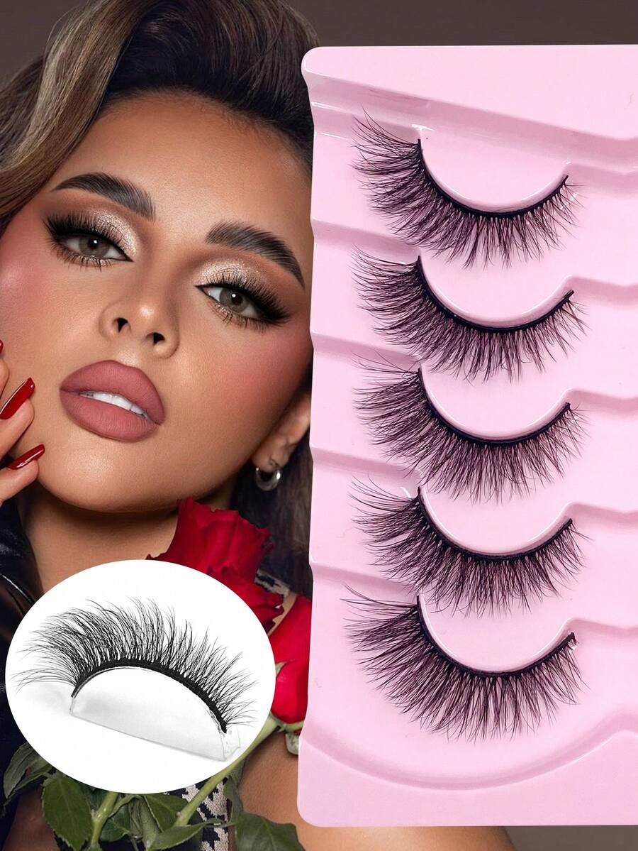 ENCHUW 5 Pairs Natural Looking False Eyelashes Cat Eye Lashes Wispy ...