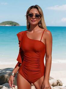 Monokini Swimsuit For Women Stylish Ruched Solid Color Ruffled Tassel Spaghetti Strap Bathing Suit - Màu đỏ gạch - Xem 3