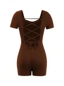 Vaiaye Women's Sexy Criss-Cross Backless Frenum Jumpsuit,Round Neck T-Shirt Bodysuit,Women's Gym Clothes ,Suitable For Daily Wear, Commute Daily - Brown - View 4