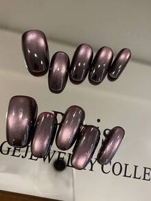 10pcs Press On Nails Fake Nails Short Purple Cat Eyes Minimalist Fall Press On Nails Office DailyWear False Nails Artificial Nails Kit Includes 1sheet Adhesive Tabs &1 Pc Mini File - Lilac Purple - View 2