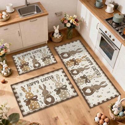 40*60ซม./50*80ซม./40*120ซม. แผ่นรองพื้นห้องครัวลายกระต่ายอีสเตอร์, แผ่นรองเท้าสำหรับบ้าน, พรมตกแต่งวันหยุดลายตารางหัวใจกระต่ายธีม HAPPY EASTER, แผ่นรองพื้นห้องครัว