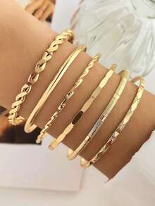 Luxury Set Of 6 Thick Gold Bracelets - Large Size Bold Style Bangle Bracelet For Women | Gift - Vàng - Xem 2