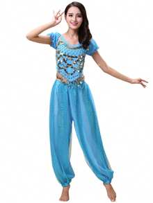 2pcs Women's Belly Dance Costume Set, Includes Short Sleeve Top And Harem Pants, Adult Practice Outfit - Multicolor - View 4