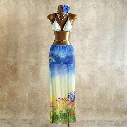 Bonvoyette Women's 3pcs Gradient Printing Halter Bikini+Shibori Print Cover Up Dress Beach Holiday 2pcs Swimwear Set