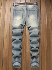 Vaqueros Denim de pernera recta desgastada púrpura Para hombre Pantalones informales de estilo vintage sin cinturón con agujeros - Azul - Ver 2