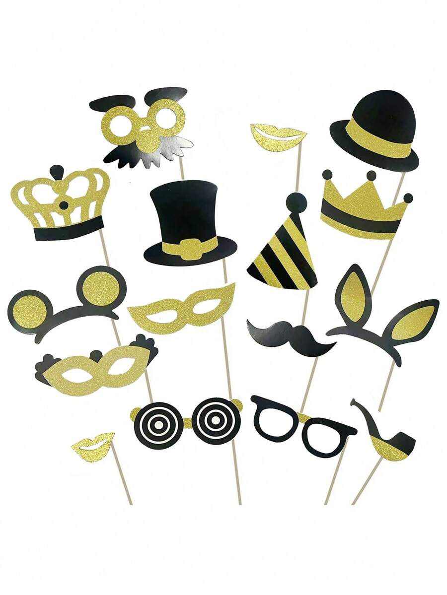 16件套派对拍照道具，适用于生日、婚礼、舞会、新年派对，包括帽子、嘴唇、领带、皇冠等。 - 彩色 - 查看 1