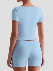 XLLAIS 2025 Summer Square Neck Short Sleeve Basic White Top, High Stretch Double Layer Fitted T-Shirt - Light Blue - View 3