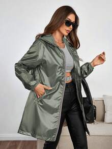 Giolshon 女士休闲连帽夹克，带口袋，轻便长款外套，适合春/秋/冬日常穿着 - 綠色 - 查看 4