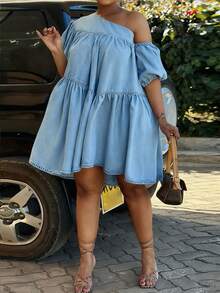 Women's Light Blue One-Shoulder Off-The-Shoulder Mini Dress - Puff Sleeve & Tiered Ruffle Skirt Detail | Casual Playful Style For Weekend Shopping Trips (Relaxed Silhouette & Eye-Catching One-Shoulder Design) For Effortlessly Stylish Looks - Màu xanh lam - Xem 5