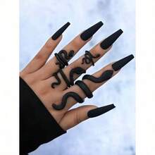 Imoli 4pcs Punk Style Snake Carved Alloy Ring Set | Adjustable | Party/Travel Gift - màu đen - Xem 2