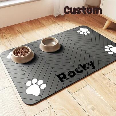 Customizable Quick-Dry Diatomaceous Earth Pet Feeding Mat - Splash-Proof, Absorbent, Easy To Clean, Suitable For Dogs And Cats, With Paw Print Design, Black, Gray, Brown, Washable Pet Feeding Mat, For Valentine's Day And St. Patrick's Day