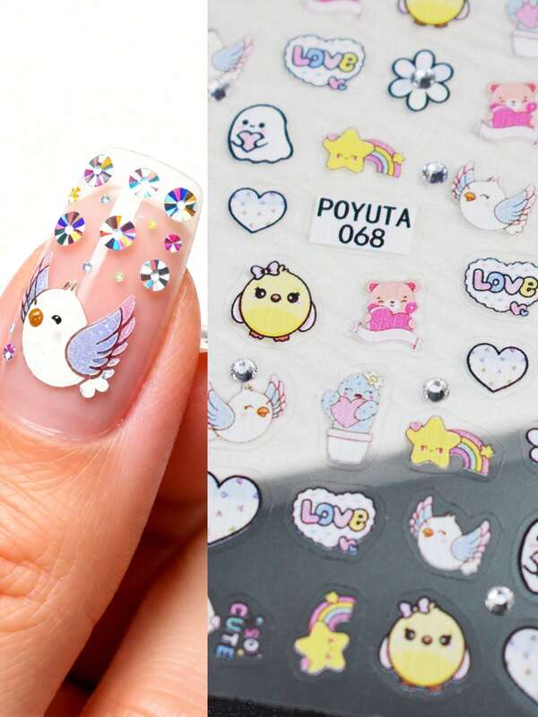 ملصقات أظافر على شكل فراخ صغيرة ونجوم، ديكورات أظافر من الراين ستون، عيد الحب بألوان قوس ، بموضوع كرتوني، بتصميم غير متماثل، لاصقة ذاتيًا للاستخدام مرة واحدة، هدايا أعياد للنساء، لوازم أظافر