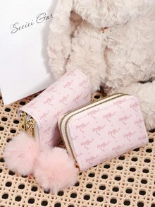 Avec un pompon, portefeuille polyvalent à motif nœud rose et amour, porte-cartes à double fermeture éclair, organisateur de cartes multi-cartes pour ranger les cartes de crédit - Rose bonbon - Voir 5