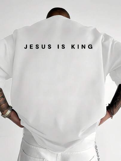 Jesus Is King Letter Print Tee,Comfortable Casual Short Sleeve, 220 Grams Heavyweight Cotton Printed T-Shirt,Halloween,Australia Day