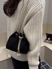 Fashionable Solid Color Chain Strap Mini Bucket Crossbody Bag - Black - View 3