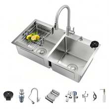 Fregadero de cocina de doble cubeta en acero inoxidable 304, con grifo de tres funciones con dispensador de jabón y lavavasos. Combina una gran durabilidad con un toque de estilo contemporáneo para tu cocina (80 * 45 * 21 cm). - 80*45*21 cm - Ver 8